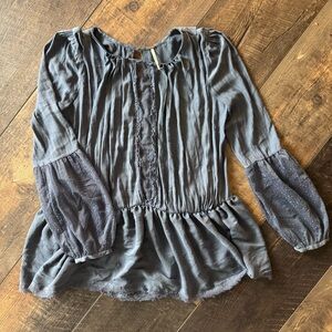 Free People Grayish Blue Boho Peplum Blouse Sheer Swiss Dot Sleeves Small